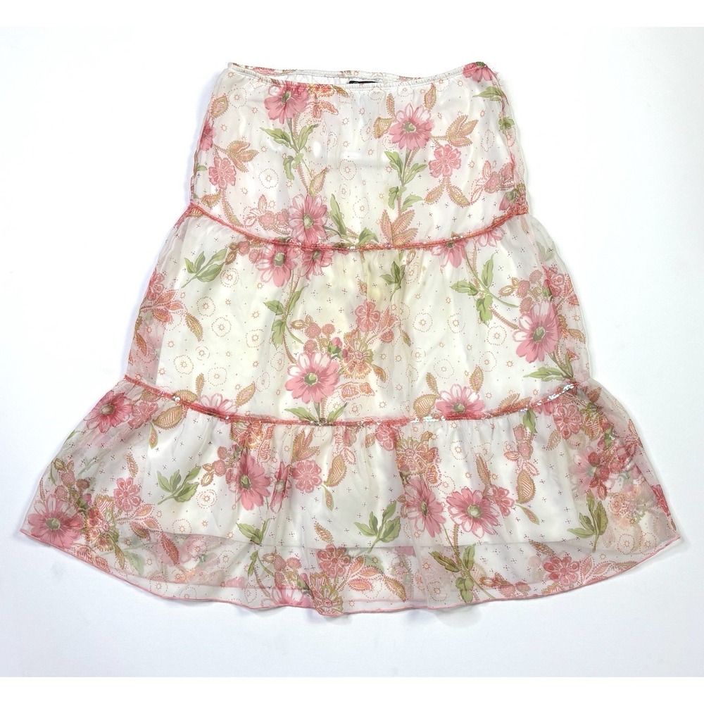 Speechless Skirt Women's XL Floral Tiered Pink Sheer Overlay Boho Cottagecore